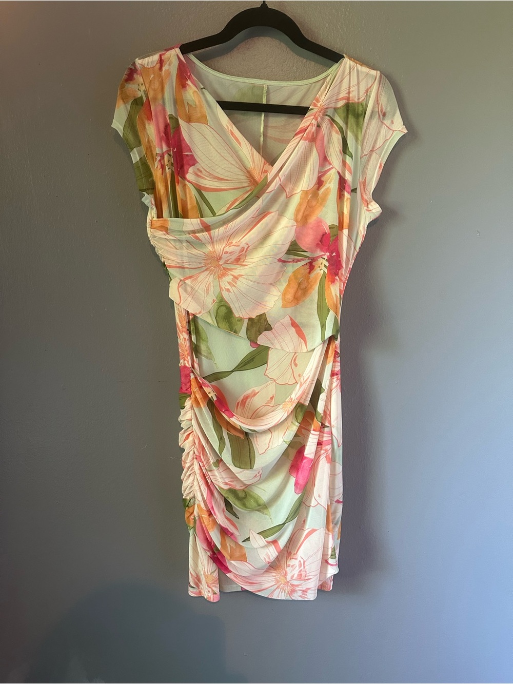 Guess Floral Draped Mini Dress in Pink, Green & Peach